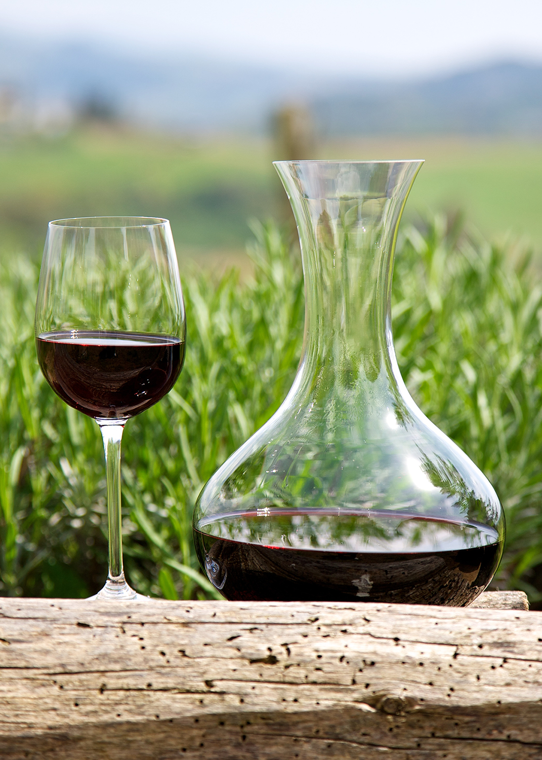 calice di vino rosso con decanter in ambiente naturale per articolo sui vini naturali