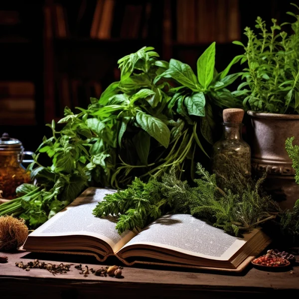 Erbe officinali antiche su un libro aperto, utilizzate da Ippocrate nel vinum Hippocraticum